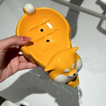 Керамический держатель для мыльницы Shiba Inu, самоотливающийся держатель для мыла в форме собаки для мыла в ванной в подарок