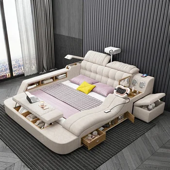 Nordic Smart Модульная Двуспальная кровать Мастер-хранилище Роскошная Дизайнерская Двуспальная кровать Многофункциональная Кожаная мебель Camas для супружества