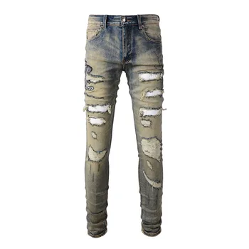Весенне-осенние джинсы с вышивкой на хай-стрит в американском стиле, мужские рваные джинсовые брюки с потертостями в стиле ретро