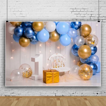 Laeacco На 1-й День Рождения, Живописный Фон для подарка из синих воздушных шаров, Белые Деревянные Бабьи фоны для детских фотосессий.