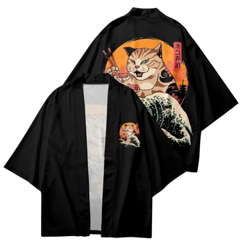 Модный Кардиган с принтом Черного Кота, Японское Традиционное Пляжное кимоно, Мужские И Женские Рубашки Юката, Уличная одежда Хаори