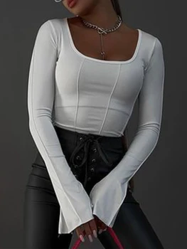 Женские однотонные топы, футболки с квадратным вырезом и длинными рукавами, рубашки с вырезом на спине