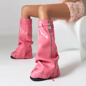 Большие размеры 45 46, сапоги до колена из искусственной кожи с замком акулы, осень-зима 2023, женские повседневные розовые брючные ботинки с круглым носком, обувь для вечеринок на высоком каблуке