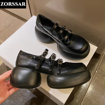 2023 Женская обувь на платформе из коровьей кожи с круглым носком и ремешками с пряжкой, модель обуви Mary Janes, модные классические туфли-лодочки