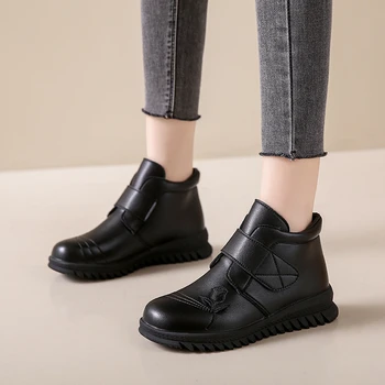 Осень-зима 2023, Новые женские ботильоны, женские кожаные ботинки с круглым носком на липучке, женская обувь, черные женские ботинки на танкетке