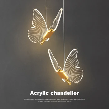 Скандинавские Акриловые подвесные светильники с бабочками, Золотая прикроватная люстра, Гостиная, спальня, декор для помещений, подвесные светильники на потолке