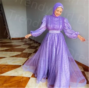 Жемчуг на реальном изображении Мусульманские вечерние платья С высоким воротником и длинным рукавом Арабское платье для выпускного вечера Длиной до пола