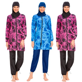 Комплект из 3 предметов, мусульманские женские купальники на молнии с принтом, хиджаб, исламская скромная пляжная одежда с длинным рукавом, арабские комплекты для плавания