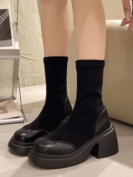 Зимние сапоги, женская резиновая обувь, непромокаемые ботинки с круглым носком, женские ботильоны на высоком каблуке 2023, осенние чулки в стиле 