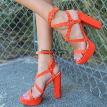 Пикантные оранжевые босоножки на платформе и массивном каблуке со шнуровкой, открытый носок, перекрестный ремешок с пряжкой, замшевые вечерние туфли с вырезами, прямая поставка