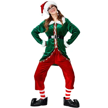 Рождественская одежда 2024, зеленые праздничные костюмы с длинными рукавами, комплект для взрослой пары, Рождественская одежда с плюшевым эльфом, полный комплект новой одежды