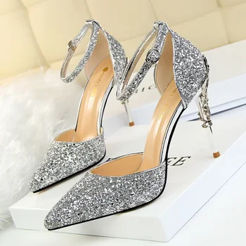Каблуки 2023 Новые женские туфли-лодочки с блестками, женская обувь на высоком каблуке, модная женская обувь, золотые сандалии на шпильке