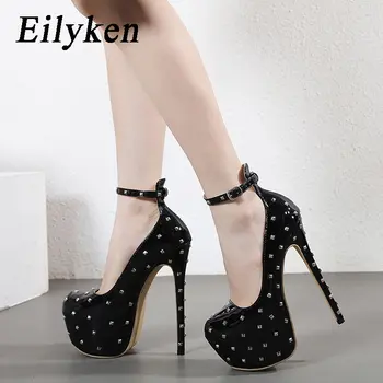 Eilyken, Пикантный дизайн, заклепки, туфли-лодочки из лакированной кожи, Женские босоножки на платформе с ремешком и пряжкой, Обувь для ночного клуба на очень тонком высоком каблуке.