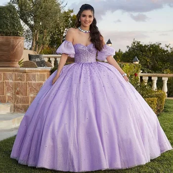 Роскошные фиолетовые платья Quinceanrea 2023, Сиреневые, расшитые бисером, со съемными рукавами, платье для вечеринки в честь дня рождения принцессы Sweet 15-16 лет