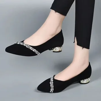 2024, Хит продаж, Весенне-осенняя мода, женская обувь на низком каблуке, женская обувь с острым носком, квадратный каблук, однотонная классическая обувь Zapatos