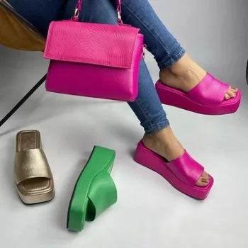 Женская обувь 2024 года, летние тапочки на платформе с квадратным носком, женские однотонные тапочки в стиле 