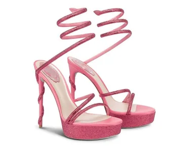 Розовые хрустальные босоножки на толстой платформе и тонком высоком каблуке, женские водонепроницаемые модельные туфли в форме Змеиной головы со стразами