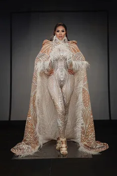 Сценическая одежда певицы, эластичный комбинезон-трико с 3D-печатью, длинный плащ из перьев, наряд для дня рождения, модели танцовщиц, костюм для подиума