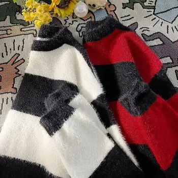 Свитера контрастных цветов, мужская зимняя уютная полосатая одежда для отдыха на Хай-стрит в американском стиле, пушистый ветрозащитный трикотаж с длинным рукавом