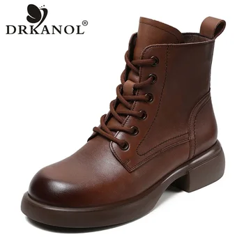 DRKANOL/ Женские ботинки из натуральной кожи 2023, повседневные зимние теплые ботильоны на толстом каблуке с круглым носком в стиле ретро для женщин ручной работы
