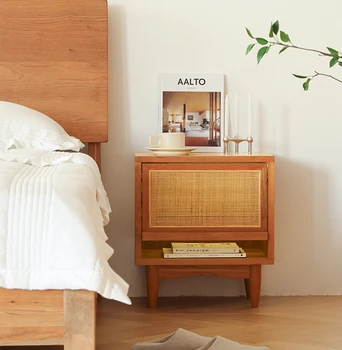 Прикроватный столик из скандинавского ротанга, мини-шкаф для хранения вещей из массива вишни, прикроватный шкаф для хранения вещей в спальне
