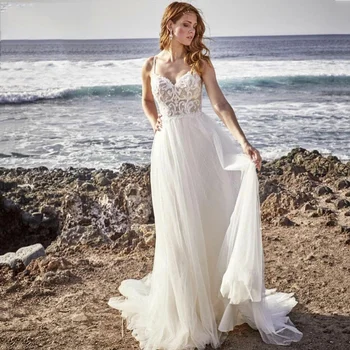 Сексуальные пляжные свадебные платья 2022, кружевное платье невесты в стиле бохо, летние бретельки, винтажные свадебные платья, тюль в горошек, милая