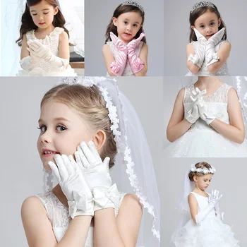 Перчатки для маленьких Девочек, Длинное Свадебное Платье принцессы, Аксессуары для костюмов для вечеринок с бантом, Атласный Подарок на День рождения, Белые Детские перчатки