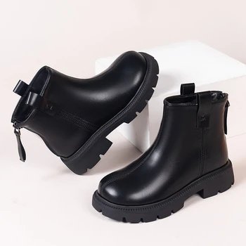 2023 Новые коричневые черные короткие ботинки для мальчиков на молнии сзади, Весна-осень, шикарные кожаные ботинки для девочек, нескользящая детская обувь для выступлений из искусственной кожи