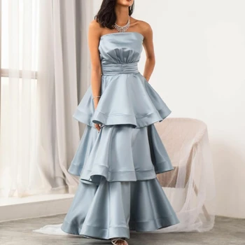 Элегантные длинные синие атласные плиссированные вечерние платья трапециевидной формы, Зубчатые многоуровневые выпускные платья в пол на молнии сзади для женщин
