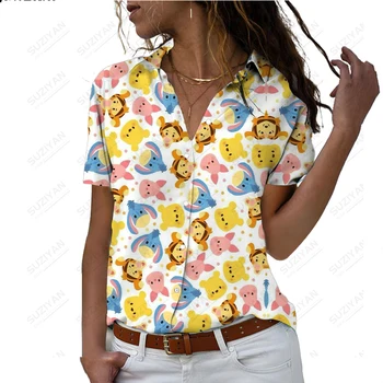 Модная женская рубашка с коротким рукавом 2023, летний Свободный женский кардиган на пуговицах, дышащая женская шифоновая рубашка с 3D-принтом Disney