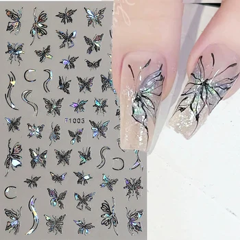 3D Голографические наклейки для ногтей с черными бабочками, лазерные розово-белые бабочки, наклейки для ногтей, подвески с Солнцем, Луной, звездой, Маникюрный декор