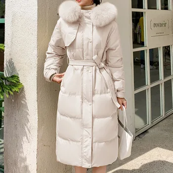 Зимняя женская пуховая куртка средней длины с воротником из корейского искусственного и натурального меха, Элегантное тонкое пуховое пальто интернет-знаменитости