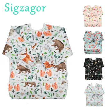 [Sigzagor] 1 Детский нагрудник для кормления, водонепроницаемая рубашка с длинным рукавом, рисунок для малышей с карманом 1-3 лет