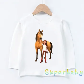 Лидер продаж, детские футболки с мультяшным принтом Lucky & Mustang Spirit Horse, одежда для девочек, футболки с длинными рукавами для маленьких мальчиков, детские топы