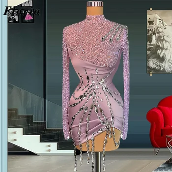 Выпускные платья Floria Lilac с длинными рукавами, Сшитые на заказ Бриллиантами и кристаллами, Короткие Вечерние ночные рубашки, Коктейльное платье с высоким воротом 2023