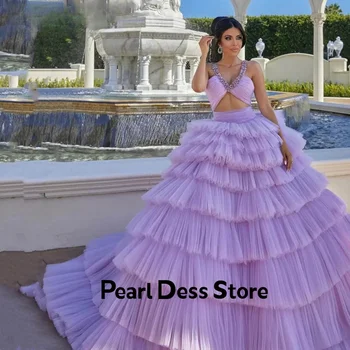 Платье для выпускного вечера из тюля ручной работы принцессы, Vestidos De Noche, Роскошное вечернее платье с бусинками, Фиолетовое вечернее платье