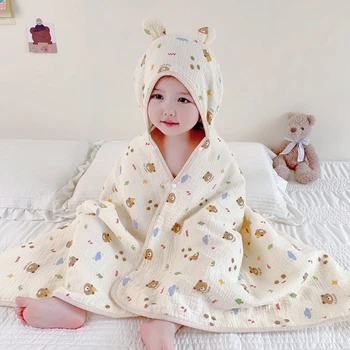 Дышащий банный халат для новорожденных, мультяшное банное полотенце с капюшоном, одеяло для малышей для маленьких мальчиков и девочек