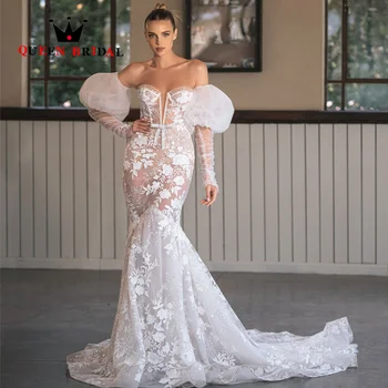 Иллюзионное Свадебное платье с аппликацией в виде Русалки, расшитое блестками 2024, Свадебное платье с V-образным вырезом и длинным рукавом без спинки, Vestidos De Novia Custom Z54Y