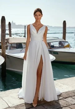 Свадебные платья с V-образным вырезом, длиной до пола, без спинки, сшитые на заказ по меркам Простого пляжного свадебного платья Robe De Mariee длиной до пола