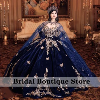 Темно-синее пышное платье С накидкой и двумя перчатками, платье Sweet 16 С аппликацией в виде бабочки, кристаллы, бальное платье Vestidos De 15 Años