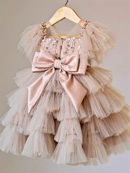 Многослойные платья для маленьких девочек, пышное платье для маленькой девочки, расшитое бисером платье принцессы, платья в цветочек для девочек, бант для первого причастия, расшитый жемчугом