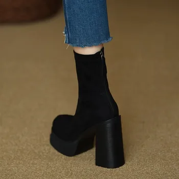 Обувь для женщин 2023 Модные зимние женские ботинки до середины икры, однотонные туфли из флока на высоком каблуке, водонепроницаемые женские туфли на толстом каблуке с застежкой-молнией