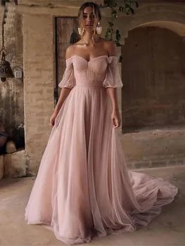 Розовое винтажное платье с открытыми плечами и коротким рукавом большого размера для гостей свадьбы, вечерние коктейльные платья для выпускного вечера для невесты по особому случаю