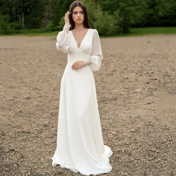 I OD Современное свадебное платье с V-образным вырезом, длинными пышными рукавами, аппликацией, без спинки, длина до пола, Свадебное платье на пуговицах, Vestidos De Novia New