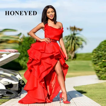 Honeyed 2023, Сексуальные Красные асимметричные платья Макси из органзы, женские вечерние платья без бретелек с рюшами, модное платье на шнуровке