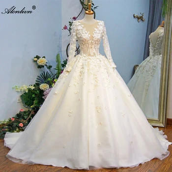 Alonlivn Роскошная Вышивка Аппликации Овальное Бальное Платье Свадебное Платье Из Бисера 3D Цветы Старинные Свадебные Платья Из Органзы С Длинными Рукавами