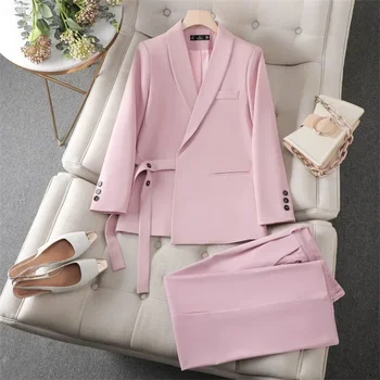 Розовые женские костюмы, блейзер + брюки из 2 предметов, хлопковая весенняя офисная женская деловая рабочая одежда, модное пальто для девочек, брюки, платье для выпускного вечера