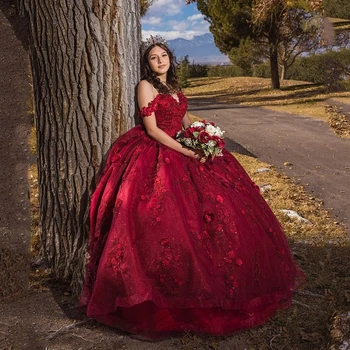 Красные Блестящие Сладкие 16 Пышных Платьев с 3D Аппликацией из Бисера Корсетное Платье Vestidos De 15 Anos Masquerade xv Dress