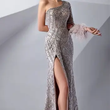 Великолепное вечернее платье Русалки на одно плечо с кружевным разрезом из перьев Женская мода Благородное вечернее платье для выпускного вечера