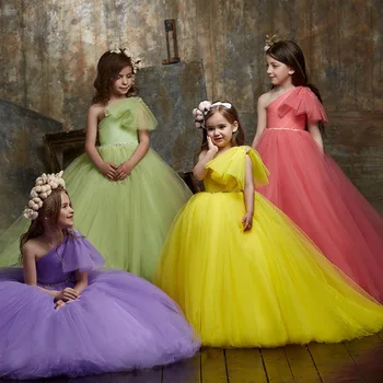 Классические платья для девочек в цветочек, простое свадебное бальное платье принцессы на одно плечо, пышное платье для девочек, платье для причастия из тюля без рукавов с бантом